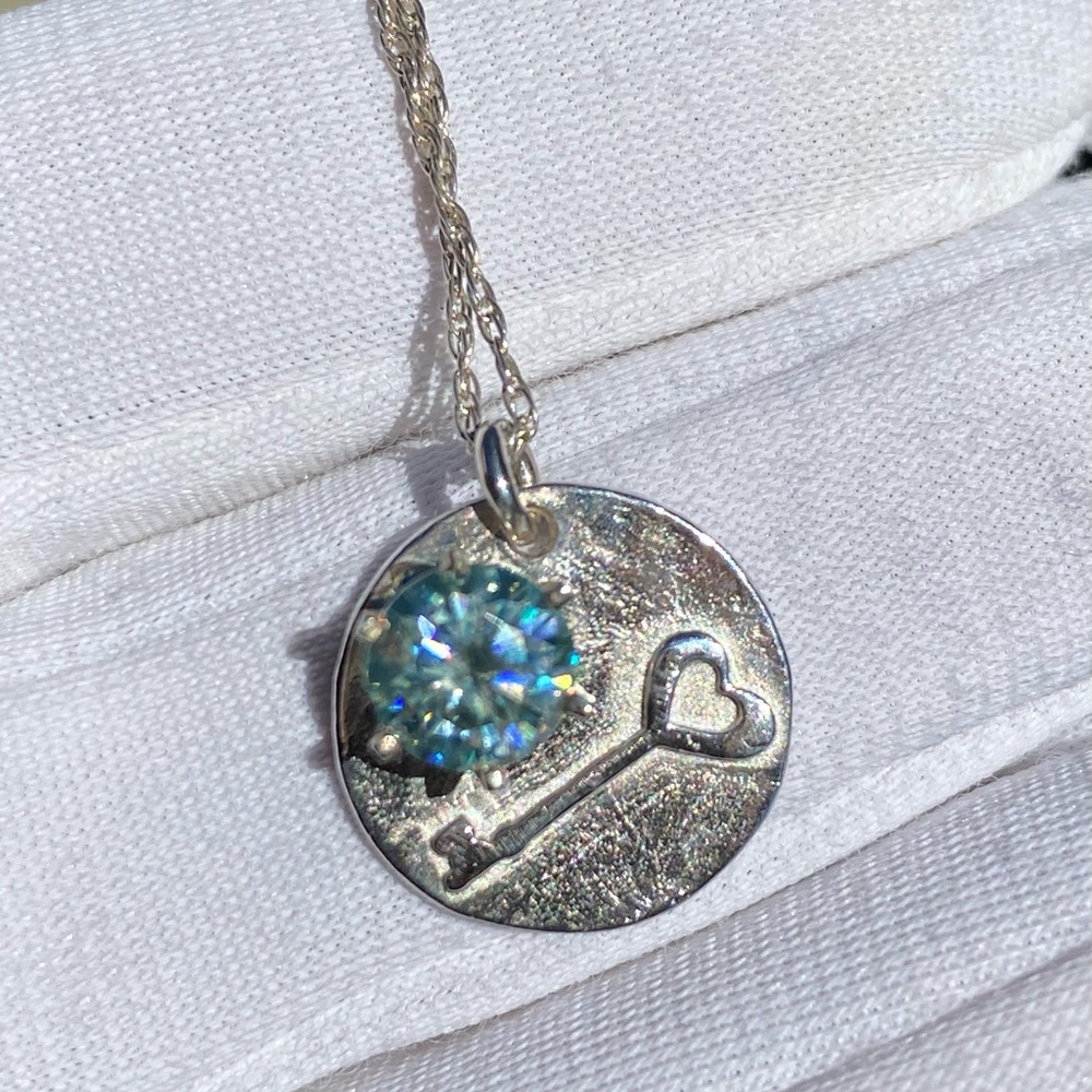 Blue Moissanite Key Medallion / Disk set in .950 Solid Sterling minimalist